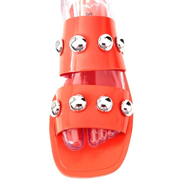 Schutz Nordstrom Lizzie Slides Sandal 9 Silver Studded Open Toe Bright Orange - Picture 4 of 10